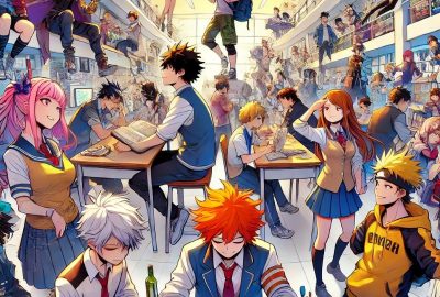 Anime-style high school scene with diverse students in a vibrant setting, blending modern and fantasy elements