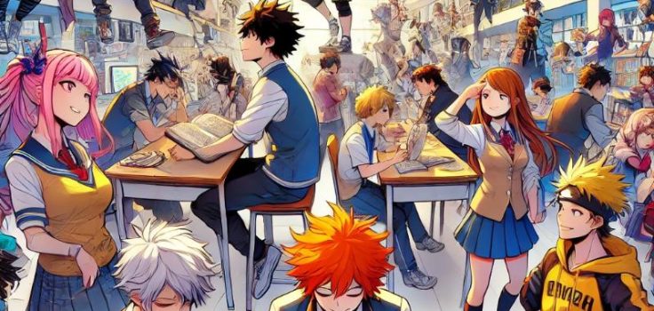 Anime-style high school scene with diverse students in a vibrant setting, blending modern and fantasy elements