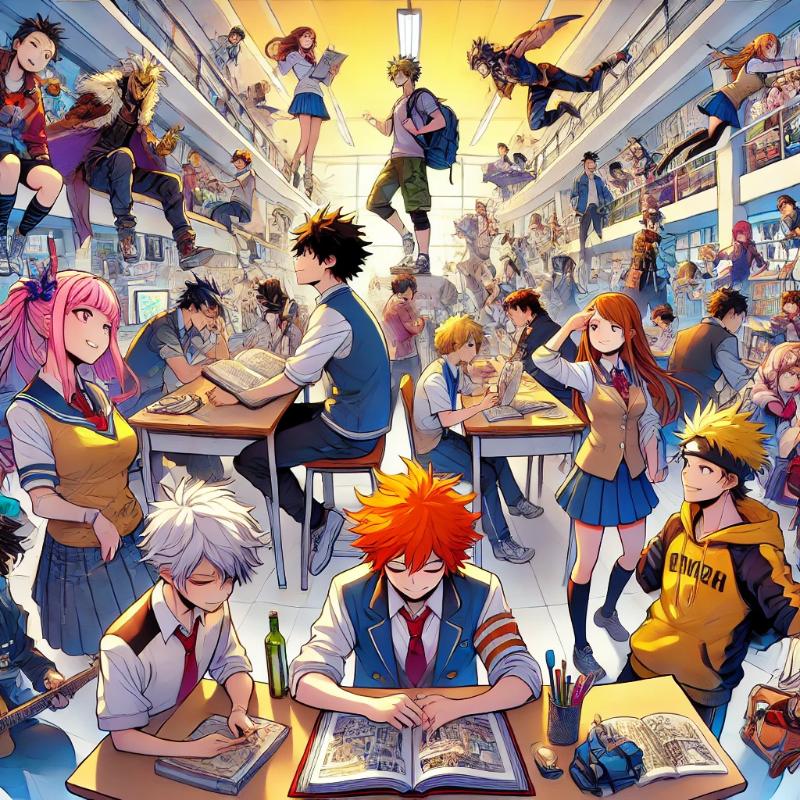 Anime-style high school scene with diverse students in a vibrant setting, blending modern and fantasy elements