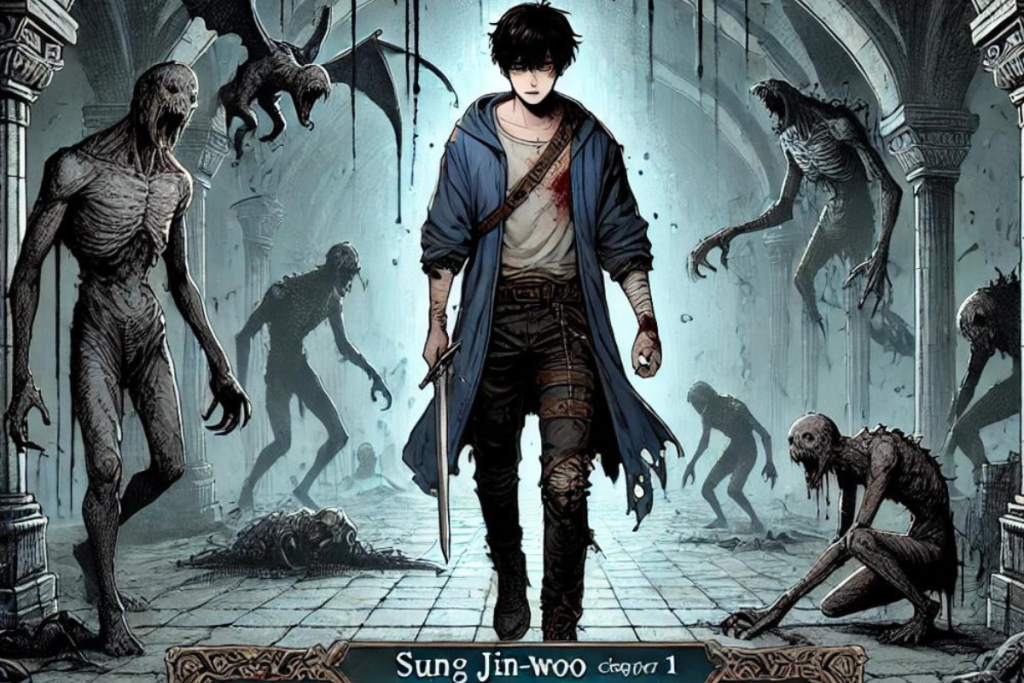 Solo Leveling Chapter 1: Sung Jin-Woo stands determined in a dark dungeon, facing shadows of monstrous creatures and a mysterious leveling System