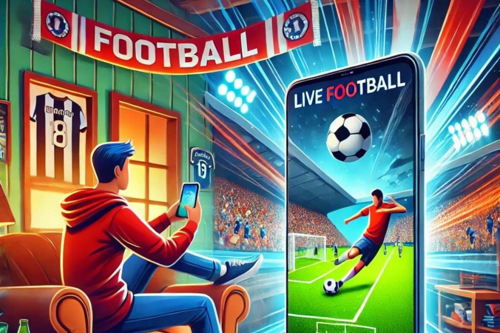 Football fan enjoying a live match on a mobile phone in a cozy room with football-themed decorations.