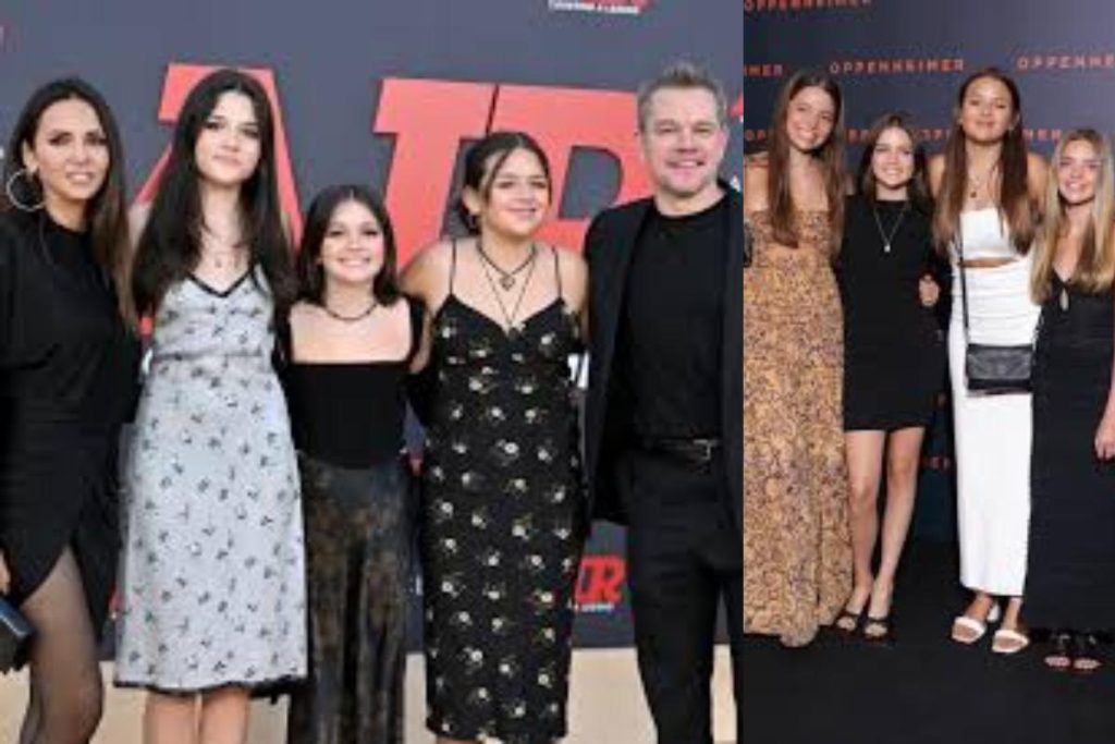 Matt Damon and his family, including daughters Isabella Damon, Gia, and Stella, attending red carpet events like "AIR" and "Oppenheimer.