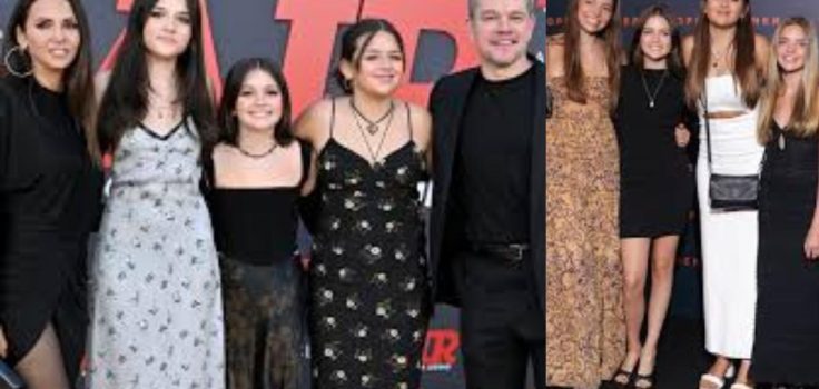 Matt Damon and his family, including daughters Isabella Damon, Gia, and Stella, attending red carpet events like "AIR" and "Oppenheimer.