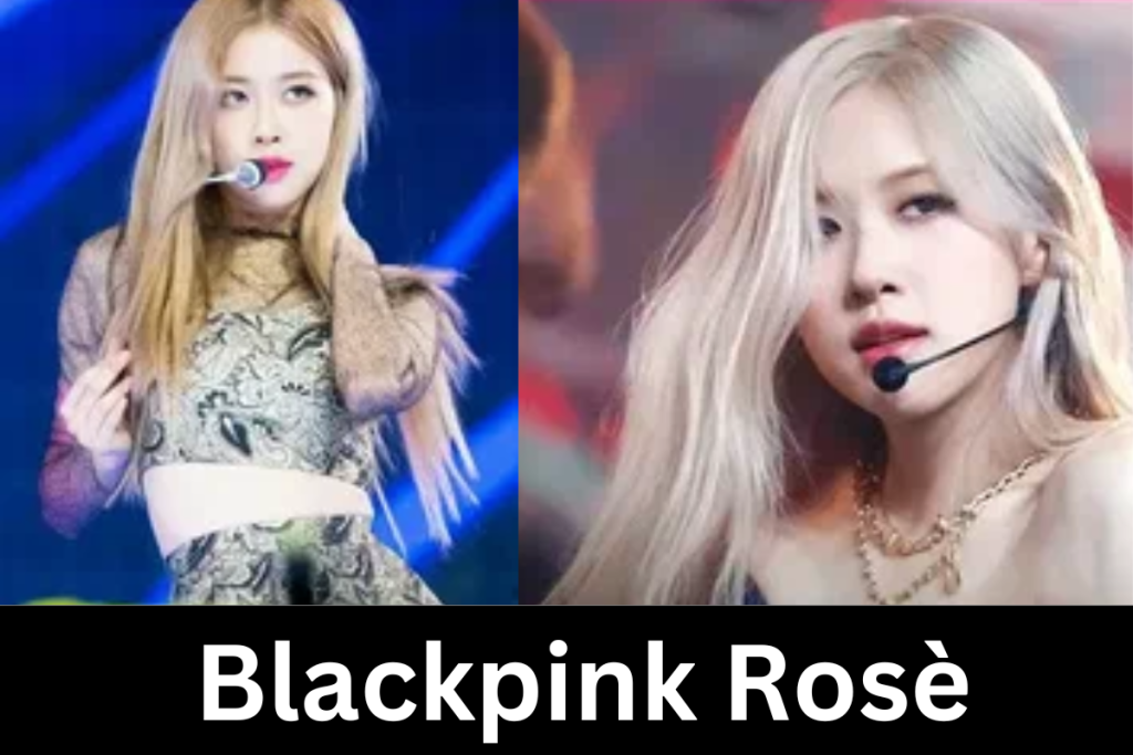 Two images of Blackpink Rosè performing on stage, showcasing her iconic blonde hair and stylish outfits, with the name 'Blackpink Rosè' displayed in bold text below