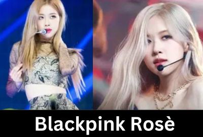 Two images of Blackpink Rosè performing on stage, showcasing her iconic blonde hair and stylish outfits, with the name 'Blackpink Rosè' displayed in bold text below