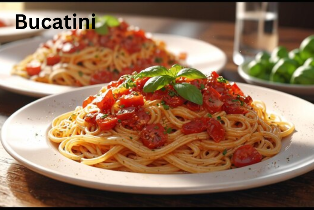 Bucatini pasta showcasing its thick, hollow shape, ideal for holding sauces and enhancing various dishes