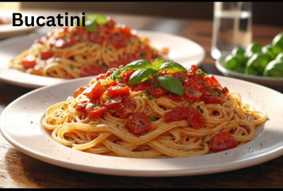 Bucatini pasta showcasing its thick, hollow shape, ideal for holding sauces and enhancing various dishes