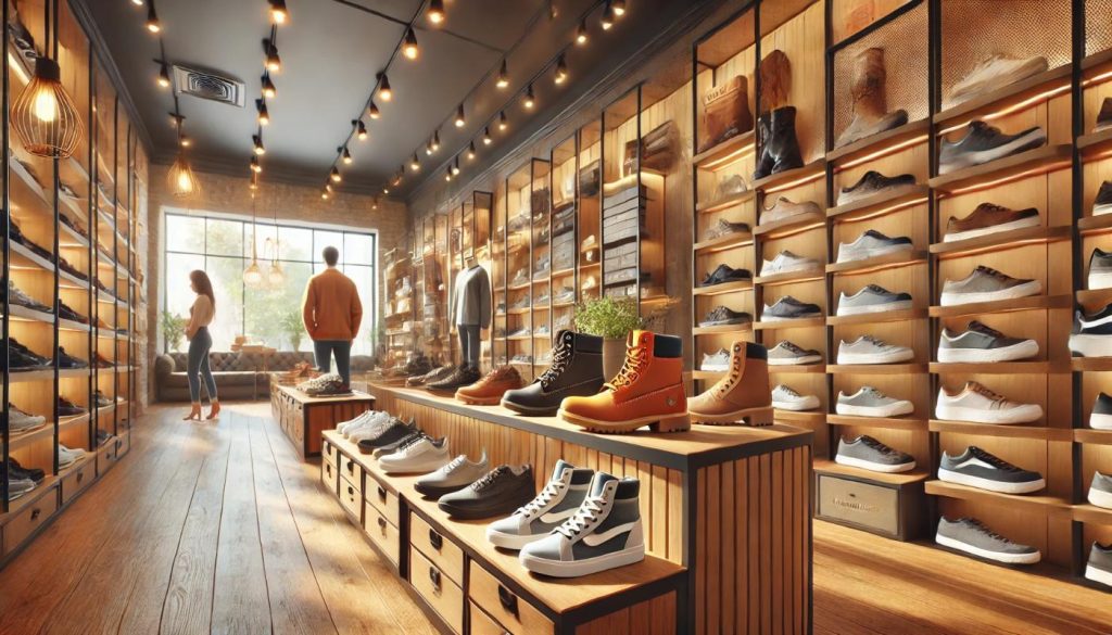 Modern shoe store interior with various styles of footwear and customer-focused service atmosphere