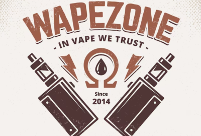 Logo for MyWape featuring two crossed vape devices with the text 'In Vape We Trust' and 'Since 2014' beneath a drop of liquid and electrical symbols