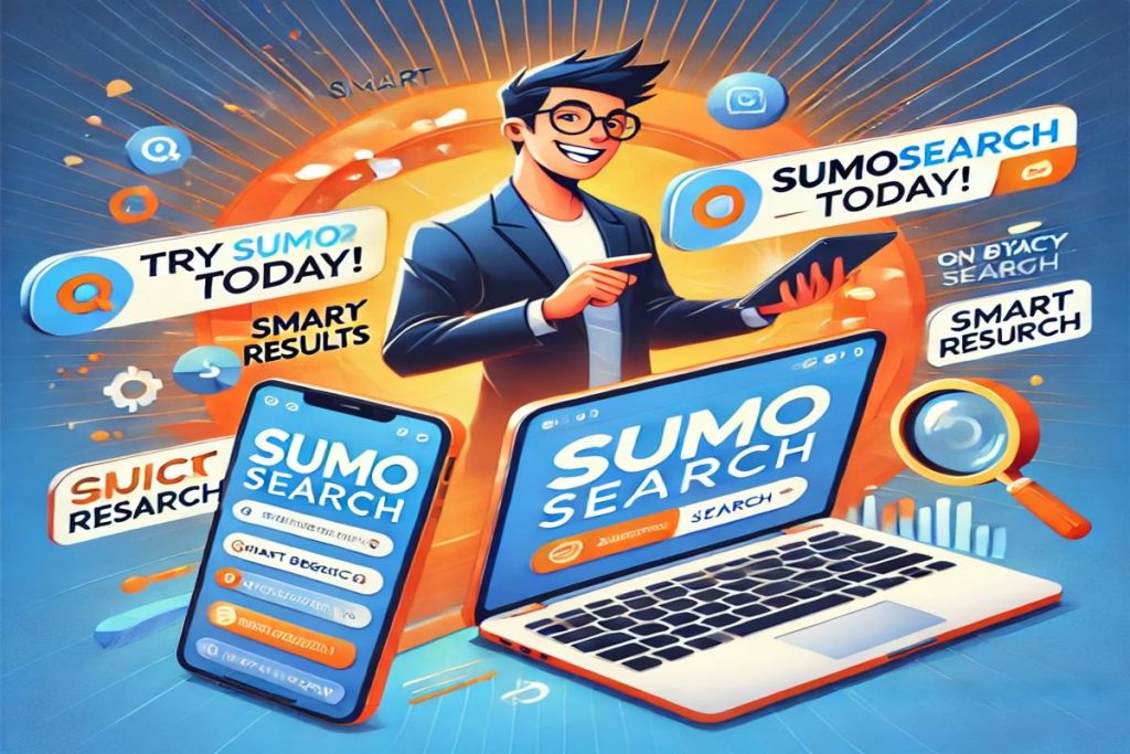 Dynamic image promoting SumoSearch, featuring a laptop, smartphone, and user with highlights on smart search benefits