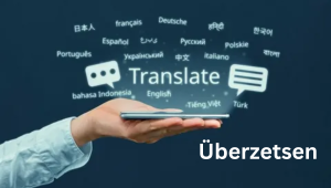 Hand holding a smartphone with the word 'Überzetsen' and various languages, symbolizing translation and language services