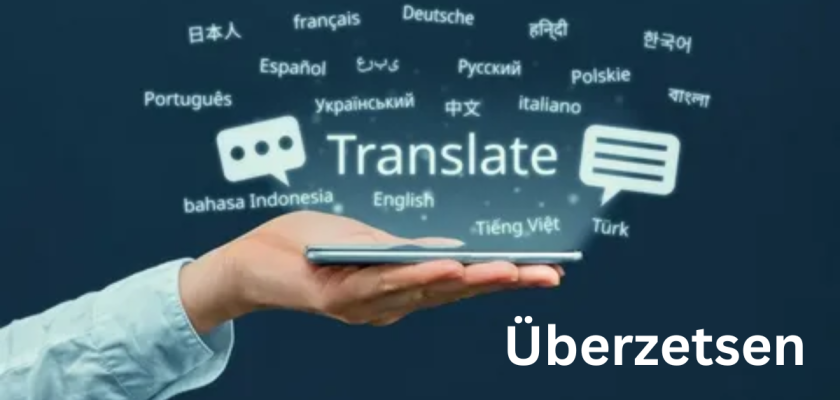 Hand holding a smartphone with the word 'Überzetsen' and various languages, symbolizing translation and language services