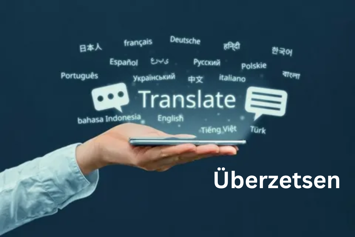 Hand holding a smartphone with the word 'Überzetsen' and various languages, symbolizing translation and language services