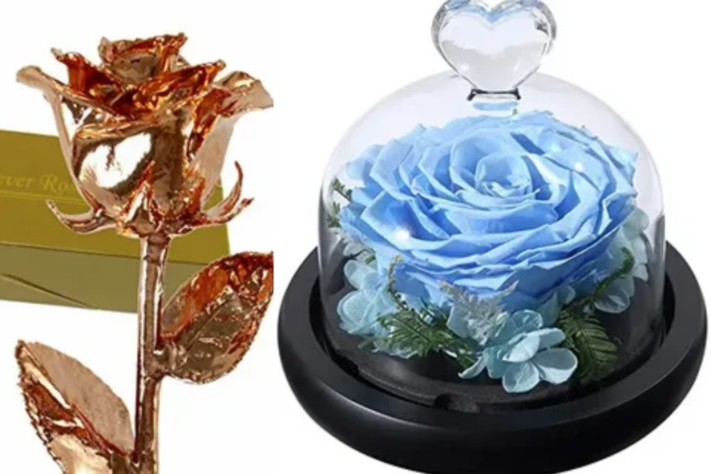 Forever Roses: Elegant gold-dipped and preserved blue roses that last, making every moment timeless and unforgettable