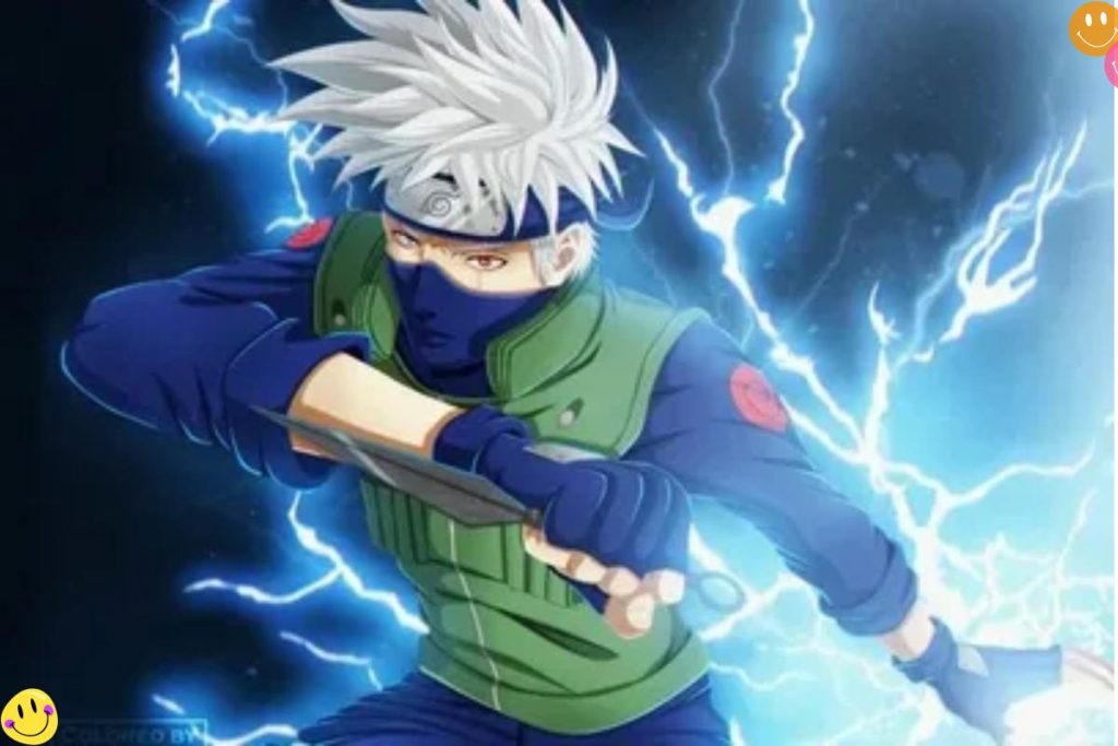 Illustration of Kakashi Hatake from the Naruto series in action, wearing his ninja outfit with lightning energy surrounding him