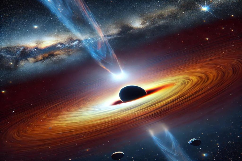 Illustration of a black holes in space with an event horizon, glowing accretion disk, and bright jets of material