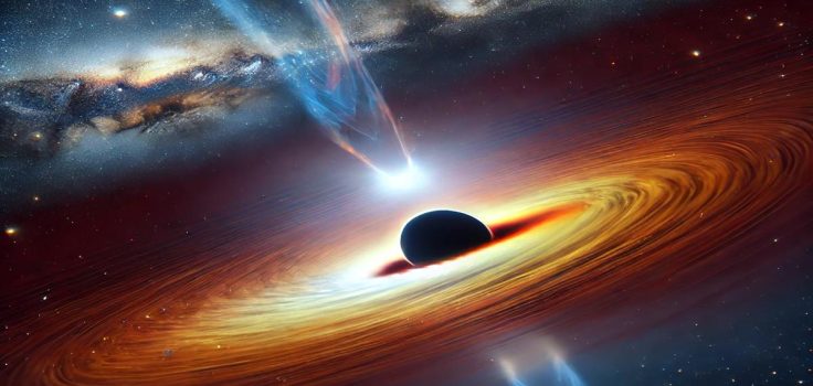 Illustration of a black holes in space with an event horizon, glowing accretion disk, and bright jets of material