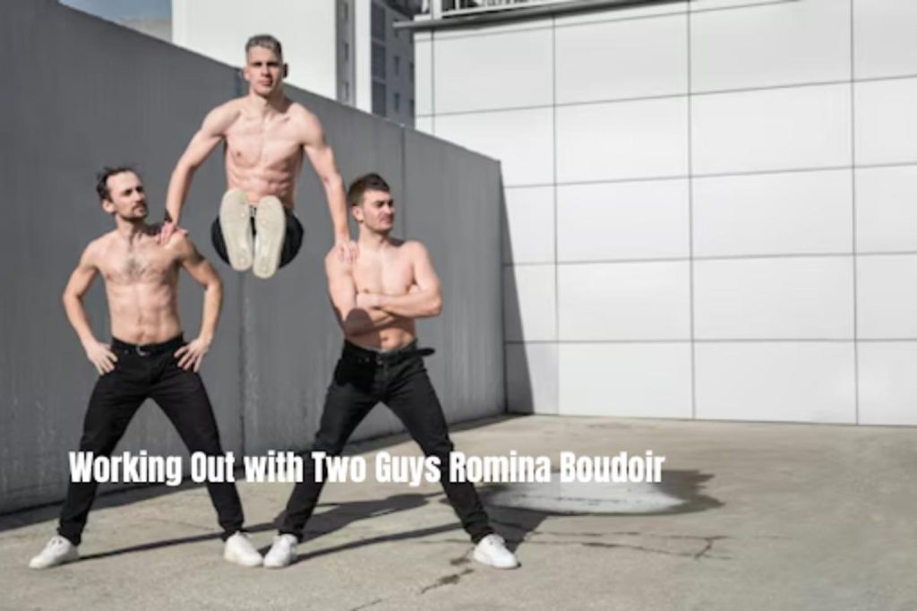 Working Out with Two Guys Romina Boudoir exercises with two men, showcasing a fitness routine in a lively workout session, highlighting strength and coordination