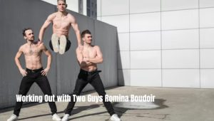 Working Out with Two Guys Romina Boudoir exercises with two men, showcasing a fitness routine in a lively workout session, highlighting strength and coordination