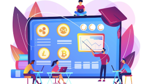 Illustration of a person using a laptop to explore the Crypto-Engine.pro Blog, featuring cryptocurrency symbols and educational content