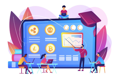 Illustration of a person using a laptop to explore the Crypto-Engine.pro Blog, featuring cryptocurrency symbols and educational content