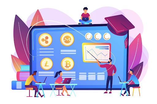 Illustration of a person using a laptop to explore the Crypto-Engine.pro Blog, featuring cryptocurrency symbols and educational content