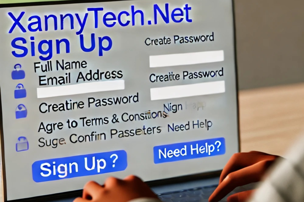 Sign-up form on a website named XannyTech.Net with multiple spelling errors and a person typing