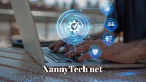 Person typing on a laptop with digital tech icons floating above, representing XannyTech net innovative platform