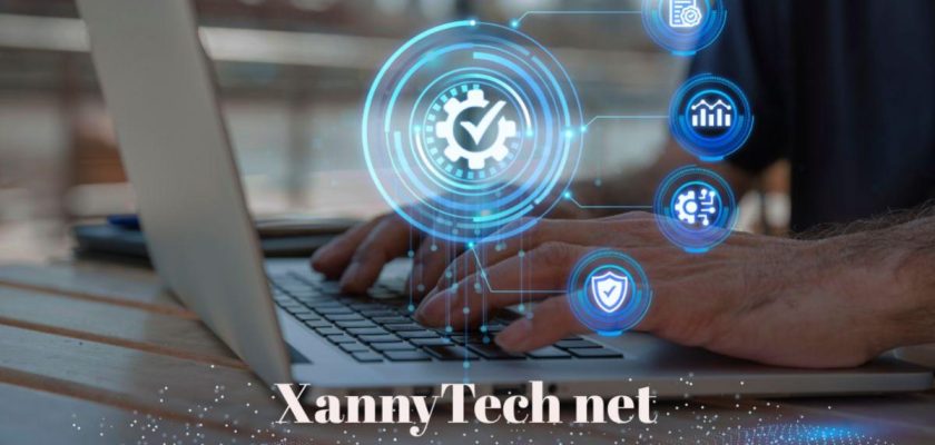 Person typing on a laptop with digital tech icons floating above, representing XannyTech net innovative platform