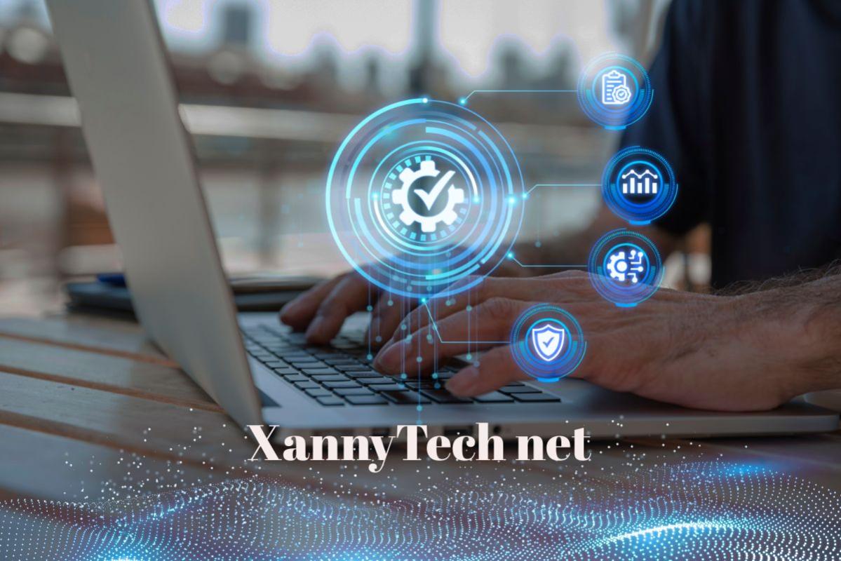 Person typing on a laptop with digital tech icons floating above, representing XannyTech net innovative platform