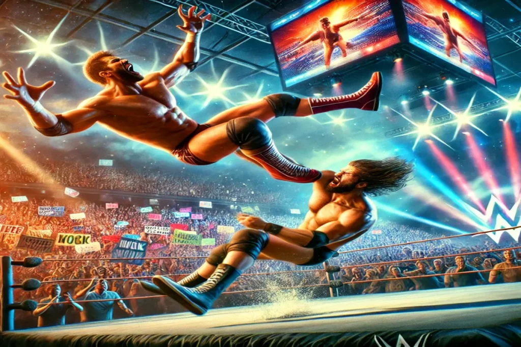 WWE SmackDown Episode 1491: Two wrestlers in an intense match with a lively arena crowd."