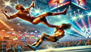 WWE SmackDown Episode 1491: Two wrestlers in an intense match with a lively arena crowd."