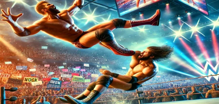 WWE SmackDown Episode 1491: Two wrestlers in an intense match with a lively arena crowd."